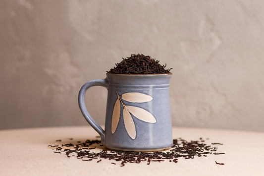 Handmade Ceramic Tea Mug 300ml - Satin Blue Foliage Imprint Design