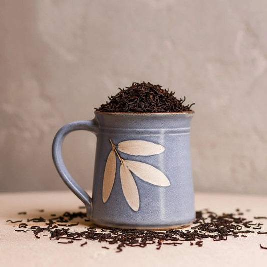 Handmade Ceramic Tea Mug 300ml - Satin Blue Foliage Imprint Design
