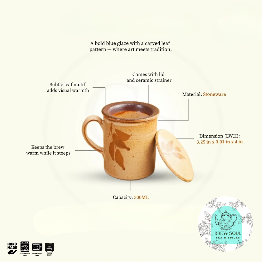 Handcrafted Ceramic Tea Infuser Mug with Lid 300ml - Beige Foliage Design