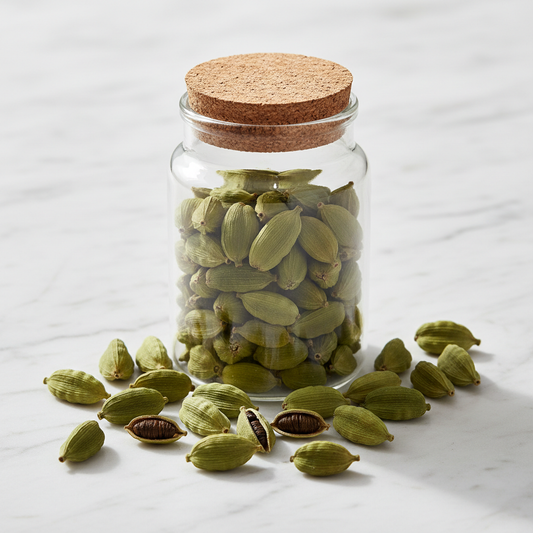 Premium green cardamom pods in glass jar on white marble