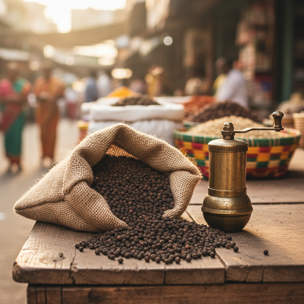 Whole black peppercorns in burlap sack at Indian spice market