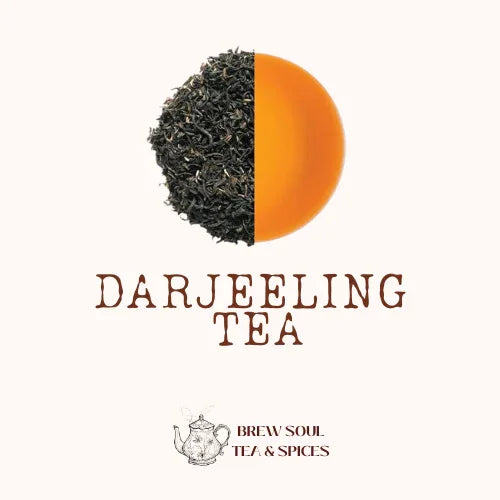 Darjeeling tea leaves and brewed tea in a circle, with Darjeeling Tea text below