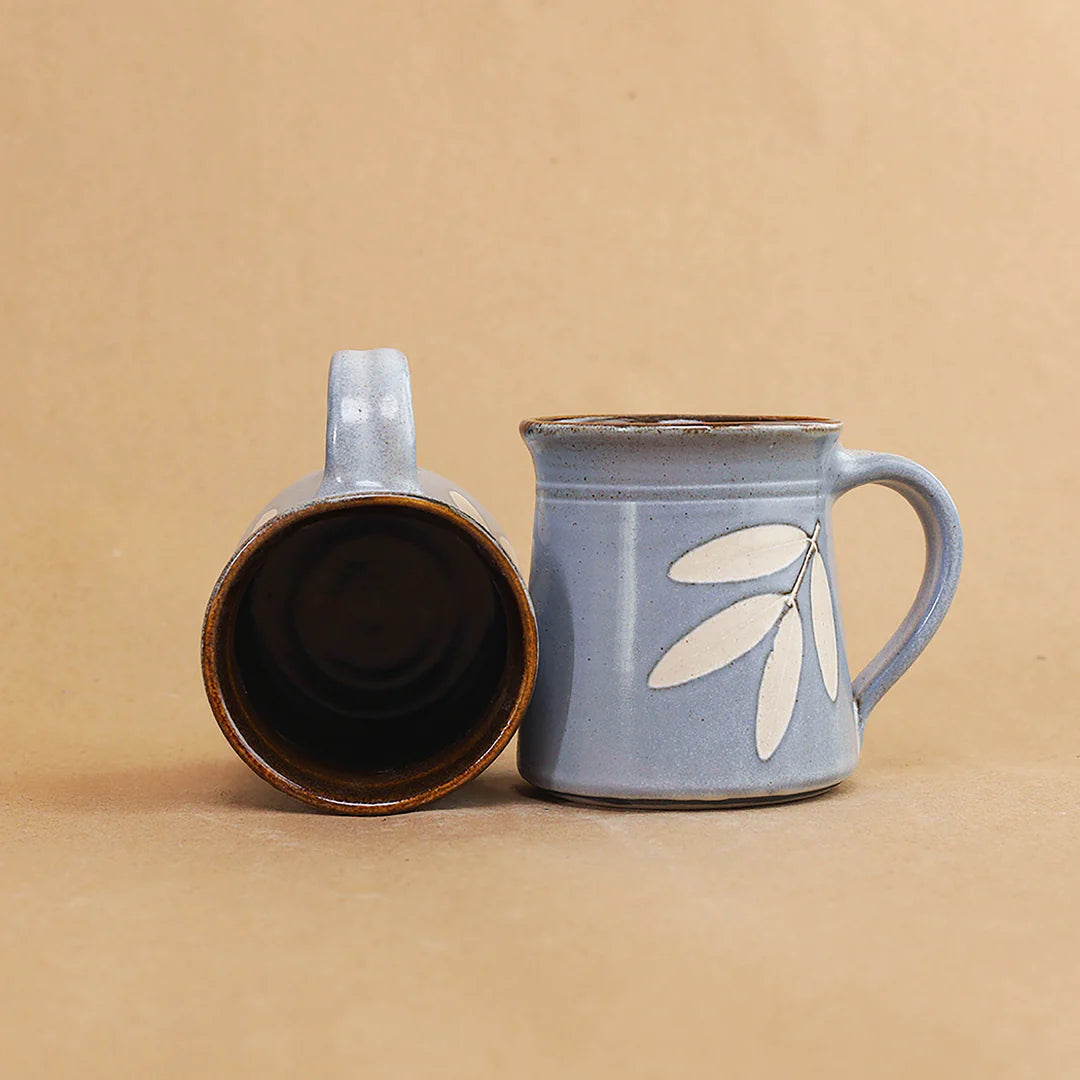 Handmade Ceramic Tea Mug 300ml - Satin Blue Foliage Imprint Design