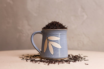 Handmade Ceramic Tea Mug 300ml - Satin Blue Foliage Imprint Design