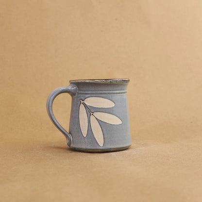 Handmade Ceramic Tea Mug 300ml - Satin Blue Foliage Imprint Design