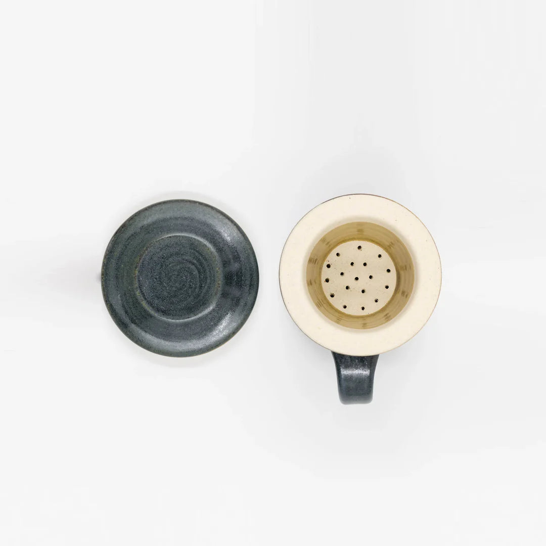 Tea Infuser Mug with Lid 350ml - Handcrafted Ceramic Tea Cup Set Green