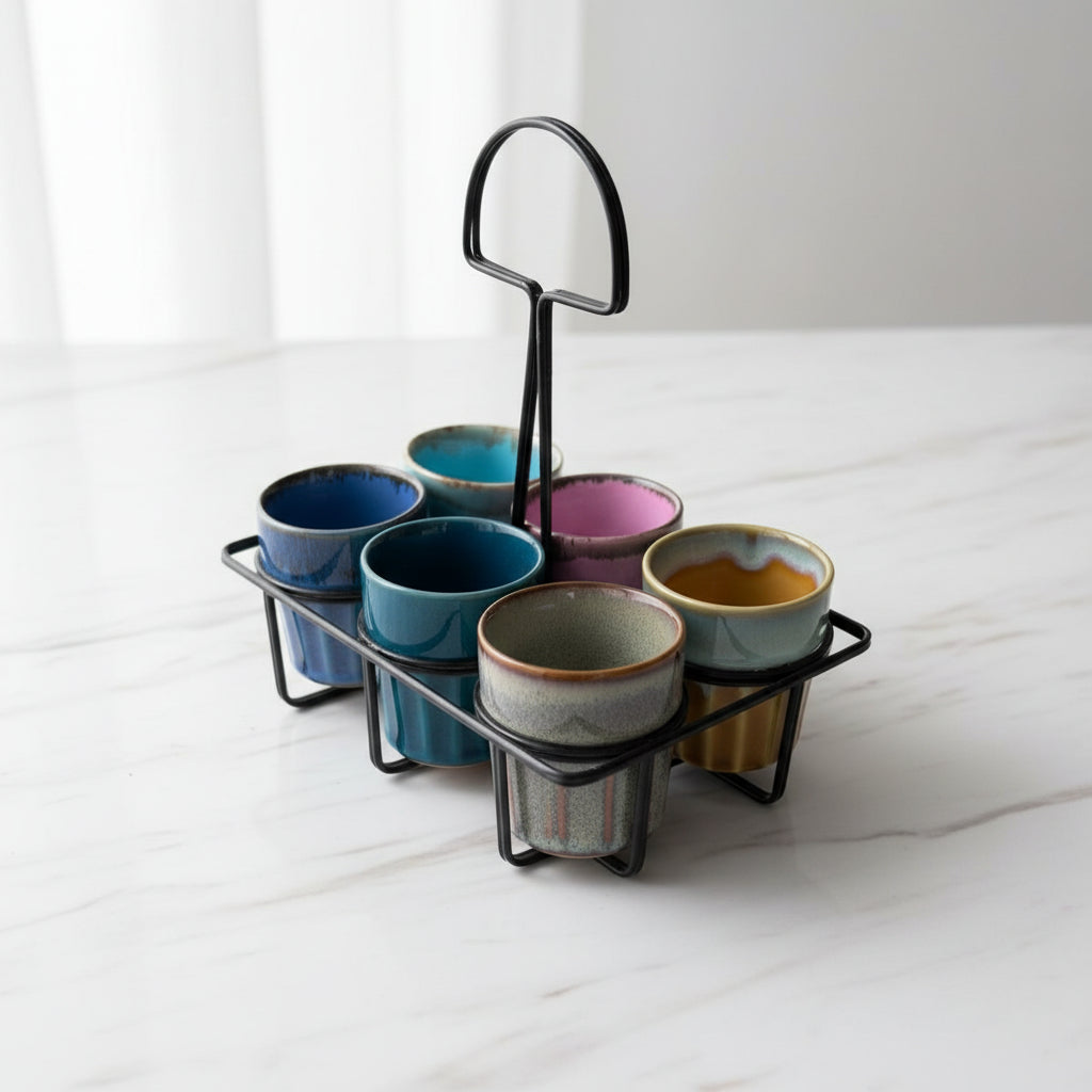 Kadak Chai Tea Cups Set of 6 - Handcrafted Pottery Cups with Frame