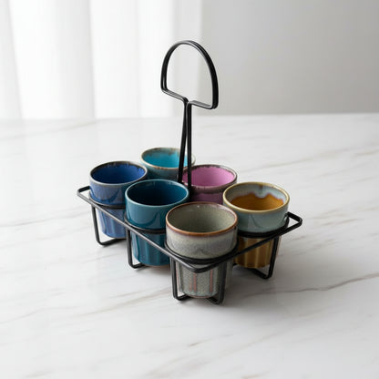 Kadak Chai Tea Cups Set of 6 - Handcrafted Pottery Cups with Frame