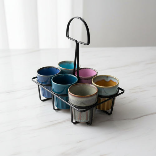 Kadak Chai Tea Cups Set of 6 - Handcrafted Pottery Cups with Frame