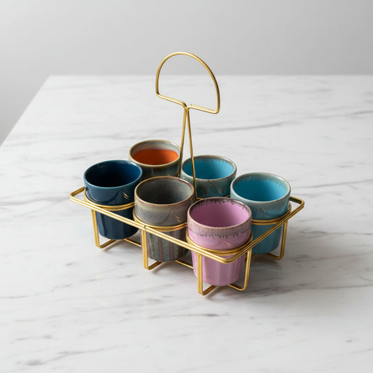 Kadak Chai Tea Cups Set of 6 - Handcrafted Pottery Cups with Frame