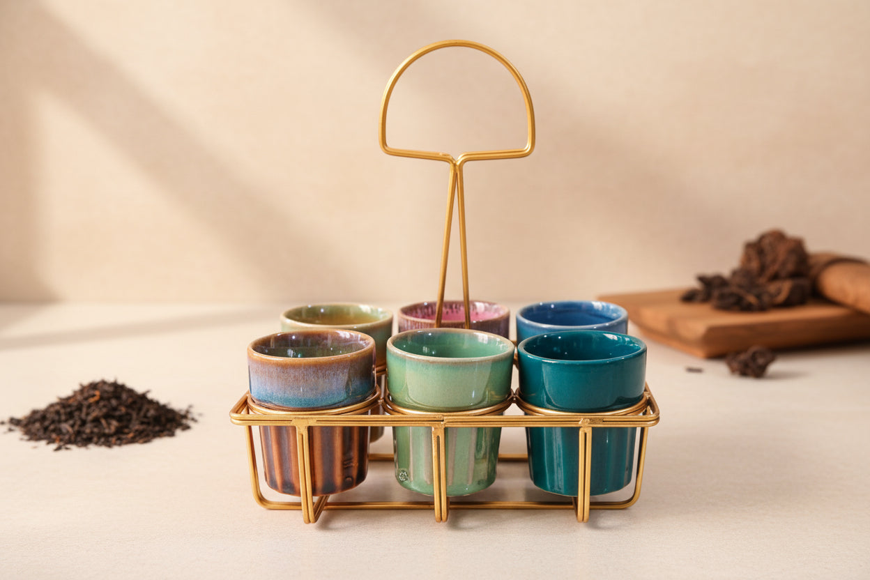 Kadak Chai Tea Cups Set of 6 - Handcrafted Pottery Cups with Frame