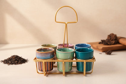 Kadak Chai Tea Cups Set of 6 - Handcrafted Pottery Cups with Frame