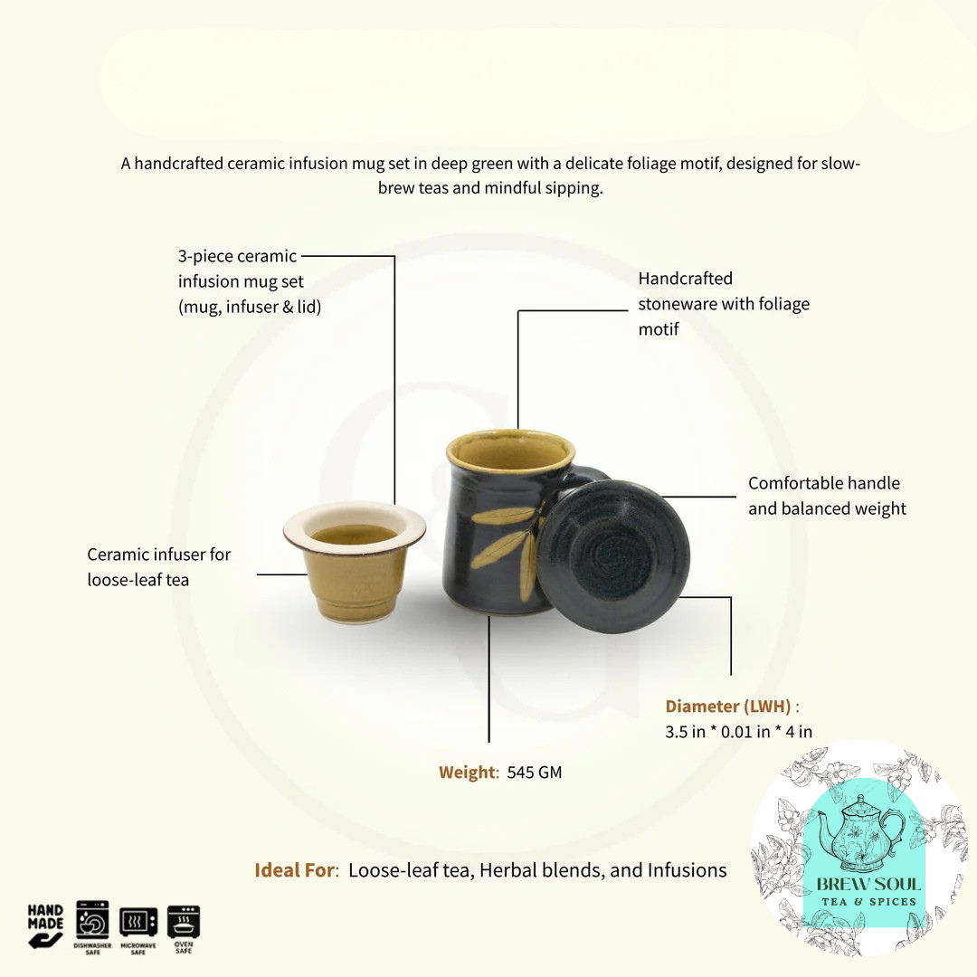 Tea Infuser Mug with Lid 350ml - Handcrafted Ceramic Tea Cup Set Green