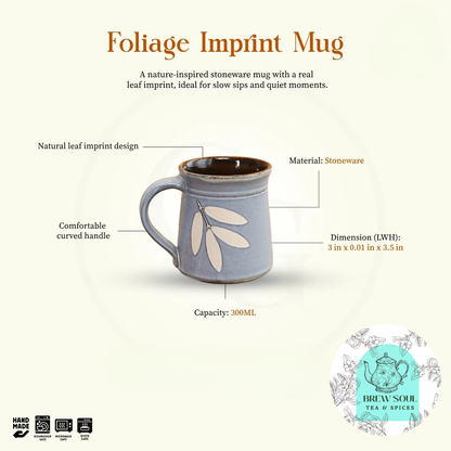Handmade Ceramic Tea Mug 300ml - Satin Blue Foliage Imprint Design