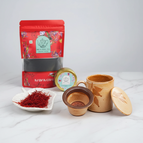 Premium Kashmiri Saffron & Kadak Chai Gift Set with Ceramic Infuser Mug - Authentic Pampore Mongra A+ Grade