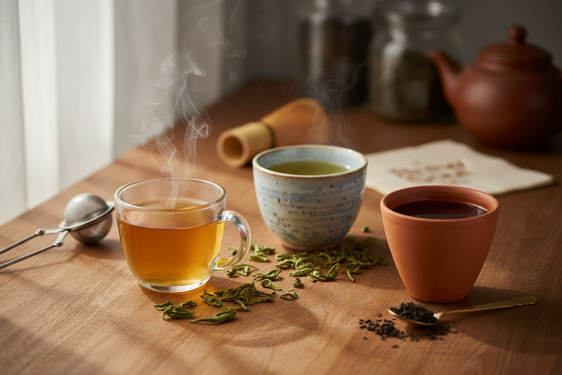 Create an original, photorealistic image for the brand “Brew Soul Tea.”
A warm, premium tea setting with three distinct teas displayed naturally, Darjeeling tea in a transparent glass cup, light golden amber color, gentle steam rising, Green tea in a ceramic cup, fresh light green hue, with visible loose tea leaves nearby, Strong black CTC tea in a traditional chai cup, deep dark brown color, rich and bold appearance, 