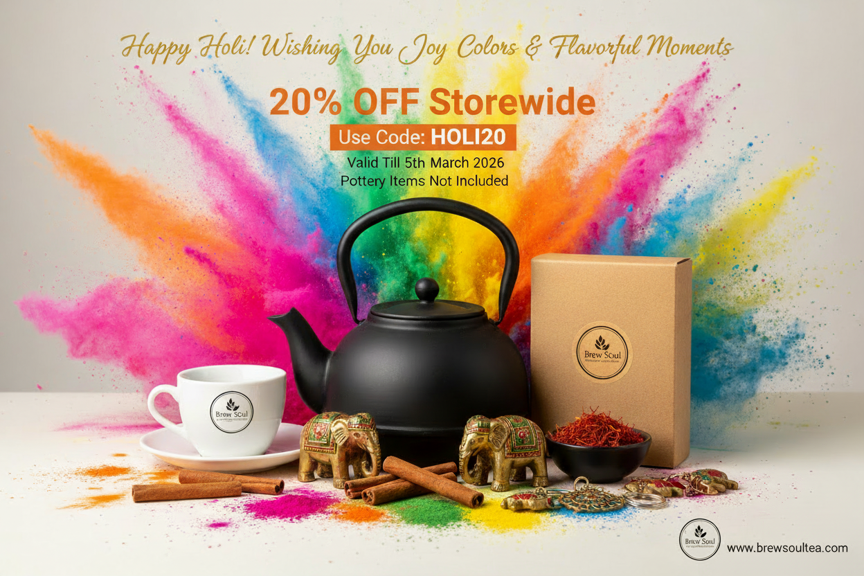 Happy Holi 2026 - Brew Soul Tea Spices 20% OFF Storewide HOLI20 Discount Code - Premium Kadak Chai Saffron Tea Kettle - Artisan Collection Excluded