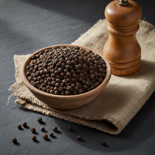 Premium Indian whole black peppercorns in clay bowl on dark stone surface