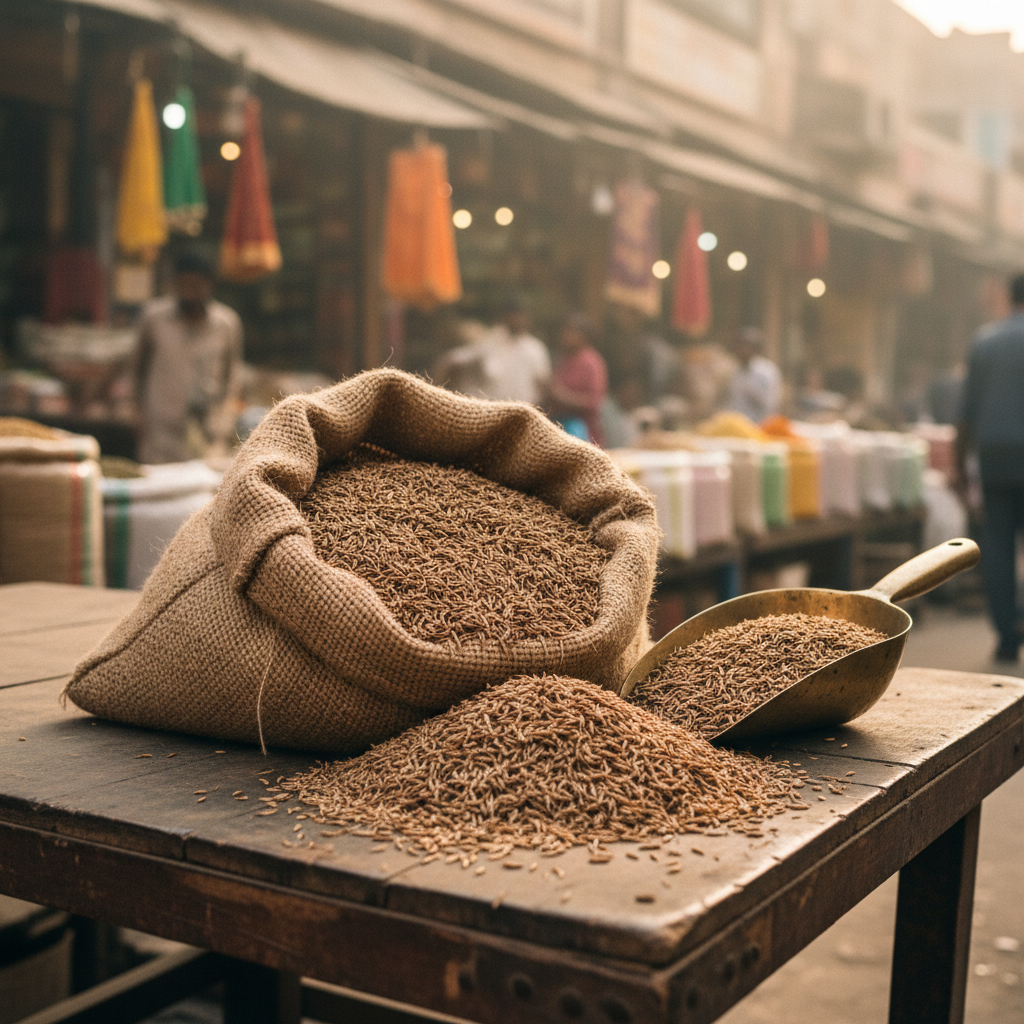 Cumin seeds in burlap sack at Indian spice market with brass scoop