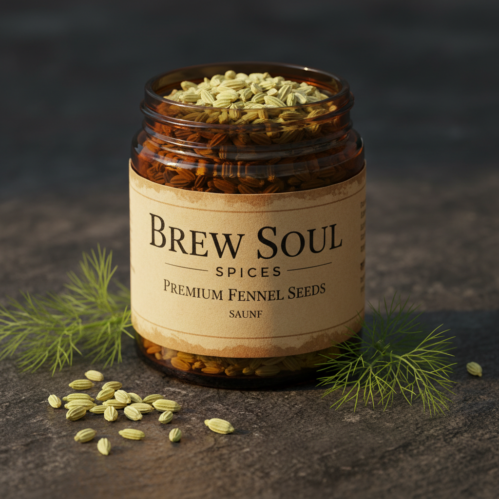 Brew Soul Spices Premium Fennel Seeds branded amber glass jar