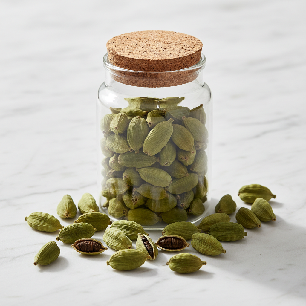 Premium green cardamom pods in glass jar on white marble