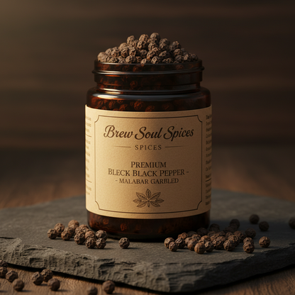Brew Soul Spices Premium Black Pepper Malabar Garbled branded amber jar