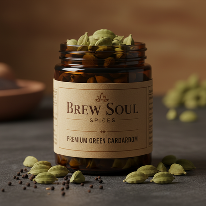 Brew Soul Spices Premium Green Cardamom branded amber jar