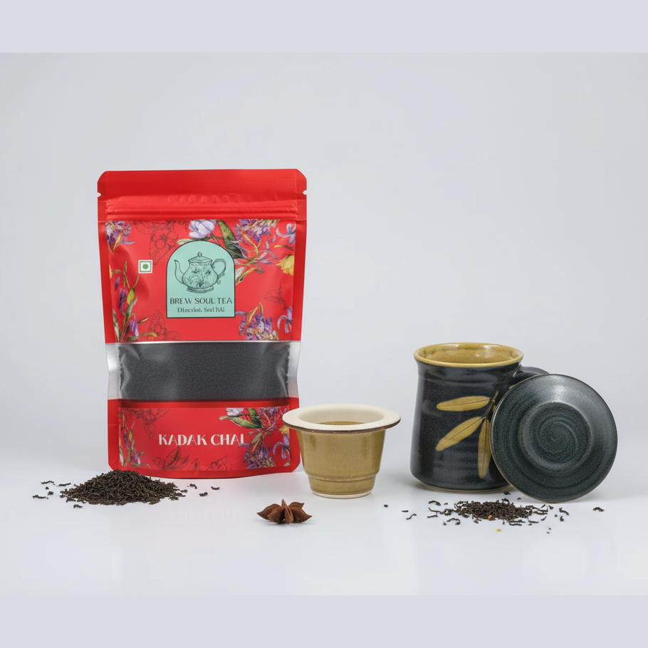 Premium Kashmiri Saffron & Kadak Chai Gift Set with Ceramic Infuser Mug - Authentic Pampore Mongra A+ Grade
