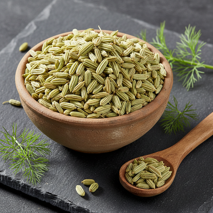 Premium Indian fennel seeds saunf in ceramic bowl on dark stone surface