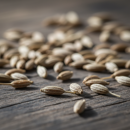 Close-up macro of cumin seeds showing texture and ridges on dark wood