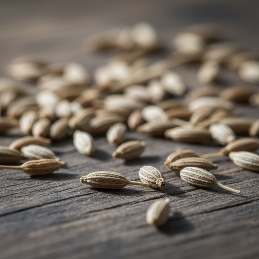 Close-up macro of cumin seeds showing texture and ridges on dark wood