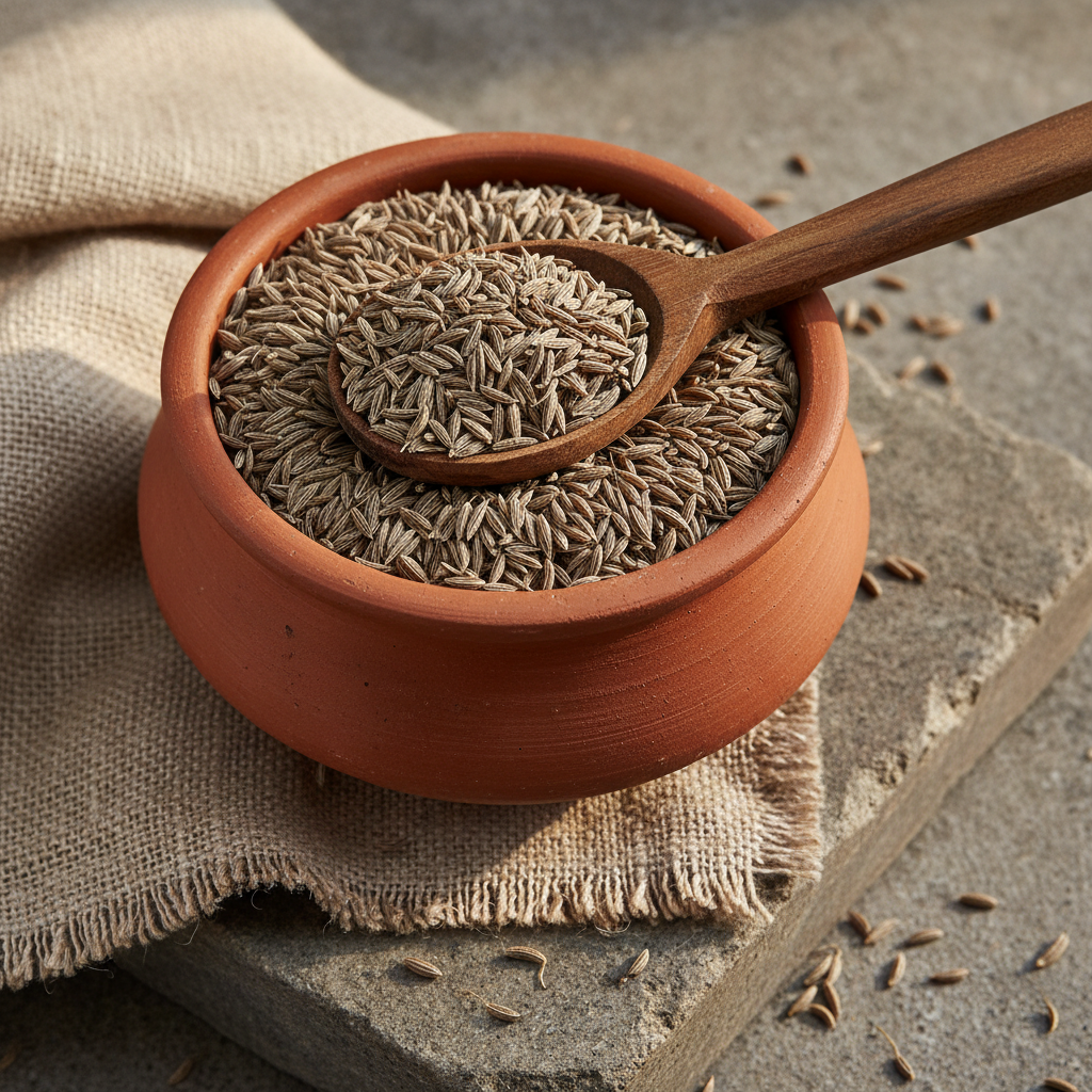 Premium Indian cumin seeds jeera in clay pot on stone surface