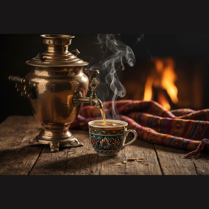 Kashmiri Kehwah being poured from copper Samovar — lifestyle editorial