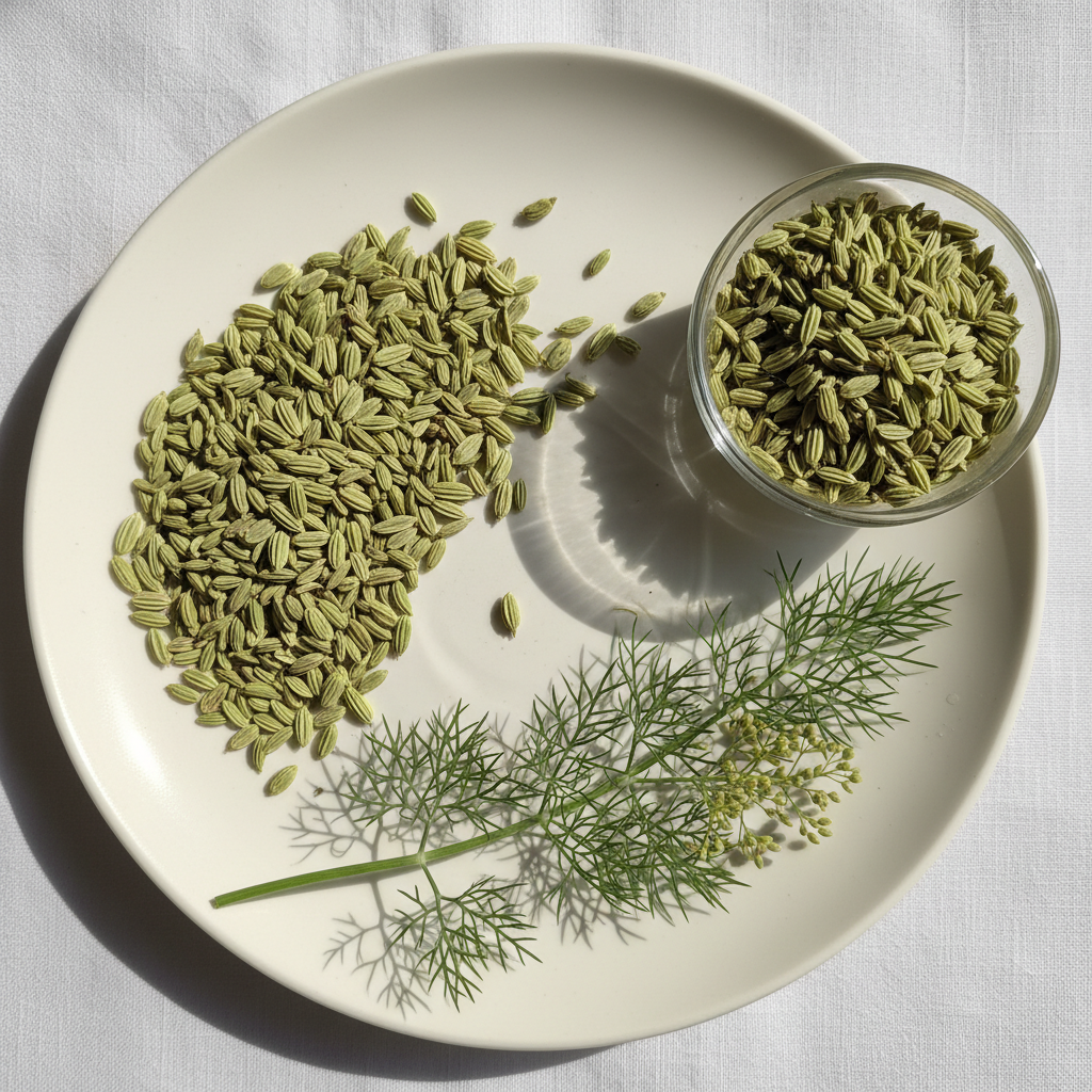 Fennel seeds saunf overhead flat lay on white ceramic plate natural light