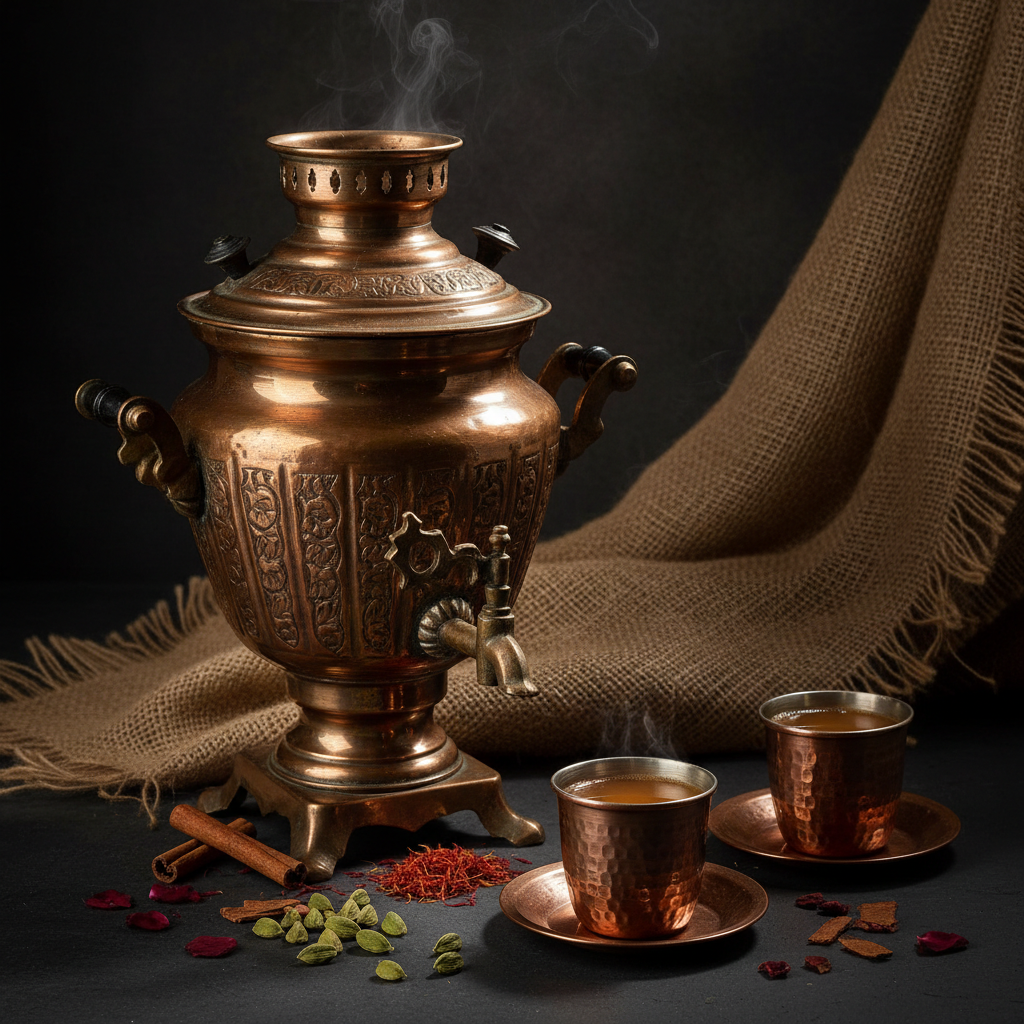 Kashmiri Kehwah in traditional copper Samovar with ornate cups — premium editorial