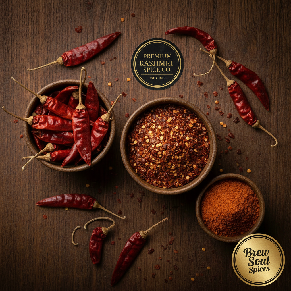 Kashmiri Red Chilli Flat Lay - Brew Soul Spices Stamp