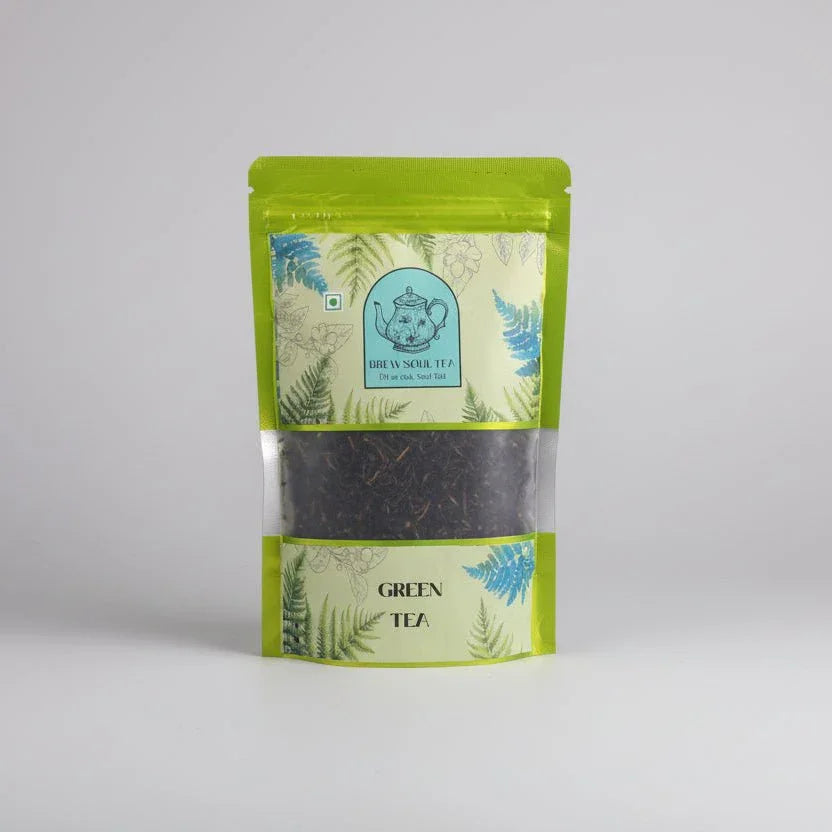 Premium Darjeeling green tea loose leaves in a resealable pouch with fern design