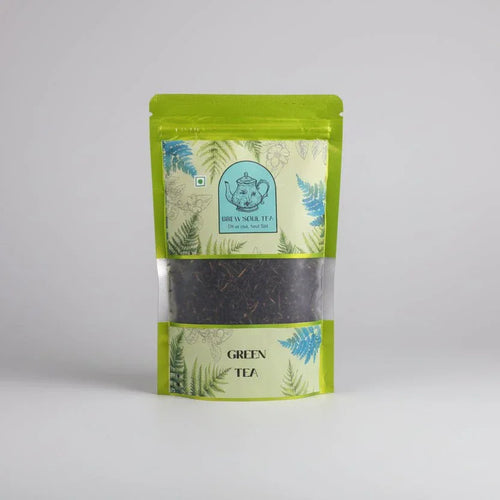 Premium Darjeeling green tea loose leaves in a resealable pouch with fern design