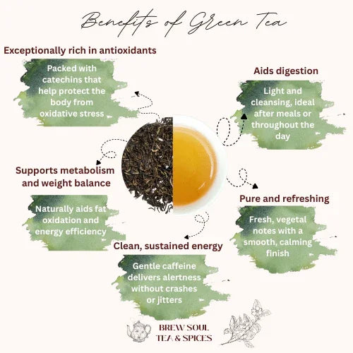 Infographic showing benefits of green tea with antioxidants, metabolism, digestion, and energy