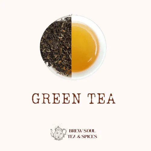 Darjeeling green tea leaves and brewed tea in a cup with 'Green Tea' text below.