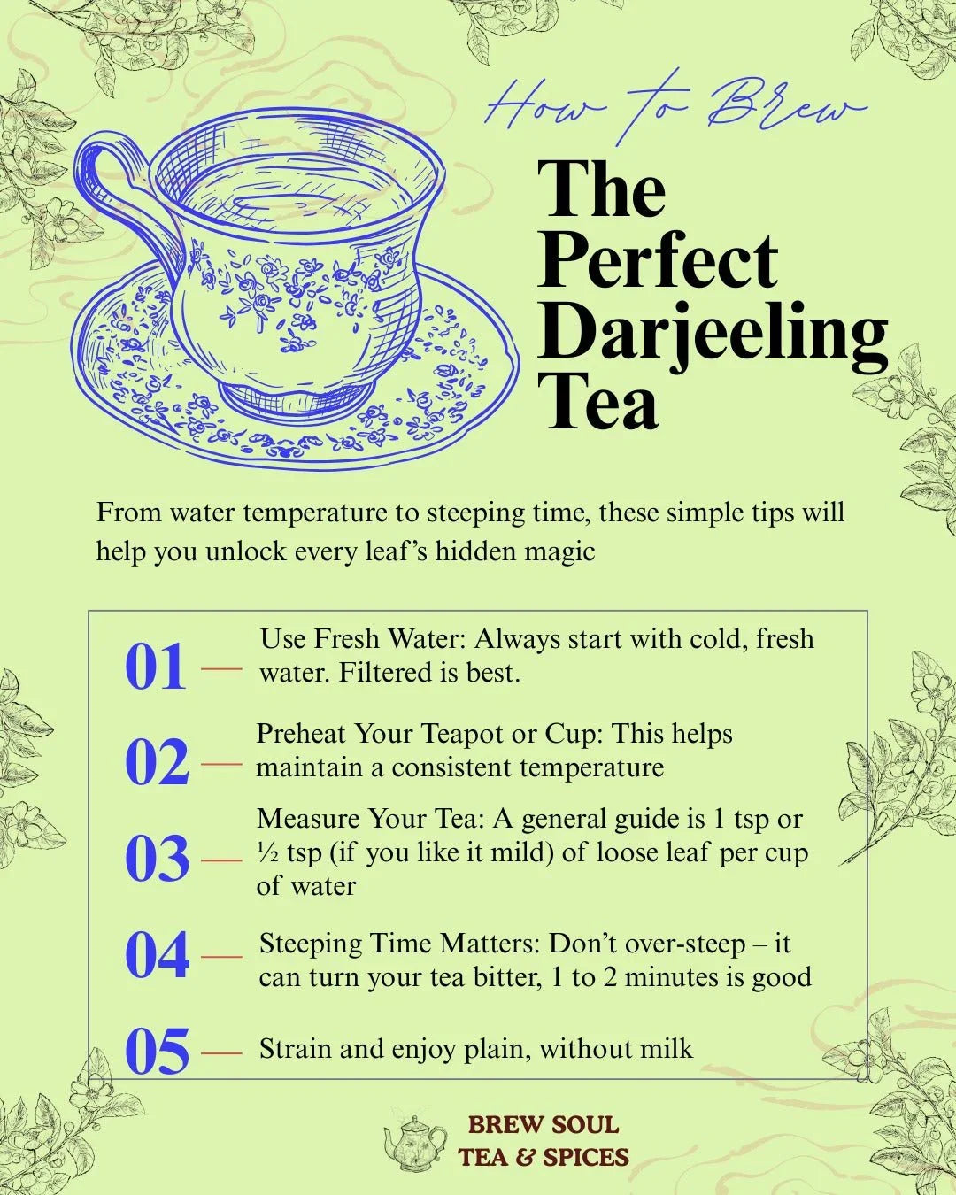 How to brew the perfect Darjeeling tea guide with vintage teacup illustration, floral background, and step-by-step tea preparation tips.