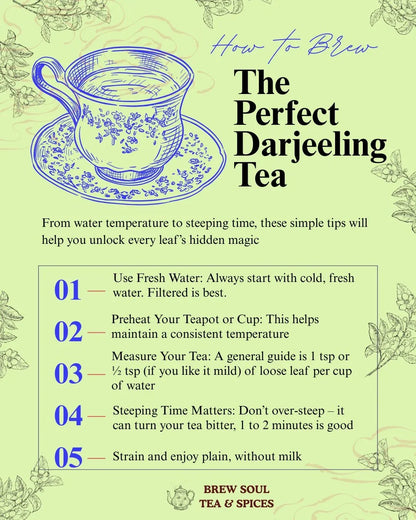 How to brew the perfect Darjeeling tea guide with vintage teacup illustration, floral background, and step-by-step tea preparation tips.