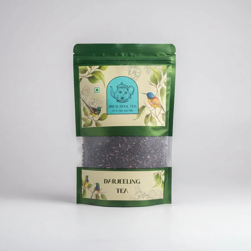 Premium Darjeeling tea loose leaf in green resealable pouch with botanical label