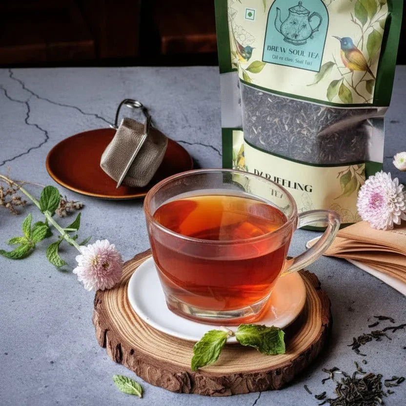 Glass cup of premium Darjeeling tea with loose leaf package, herbs, and flowers on table