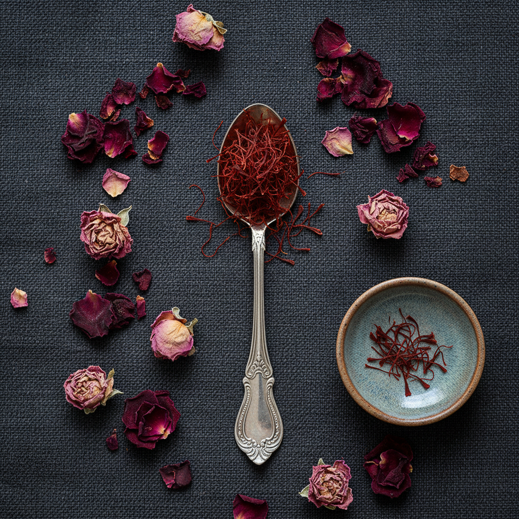 Saffron flat lay with silver spoon