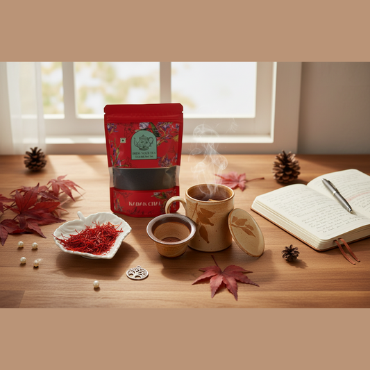 Premium Kashmiri Saffron & Kadak Chai Gift Set with Ceramic Infuser Mug - Authentic Pampore Mongra A+ Grade